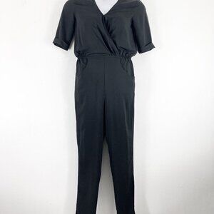 Wite 8 Jumpsuit Short Sleeve V Neck Pockets Black Stretch Waist Tapered Leg